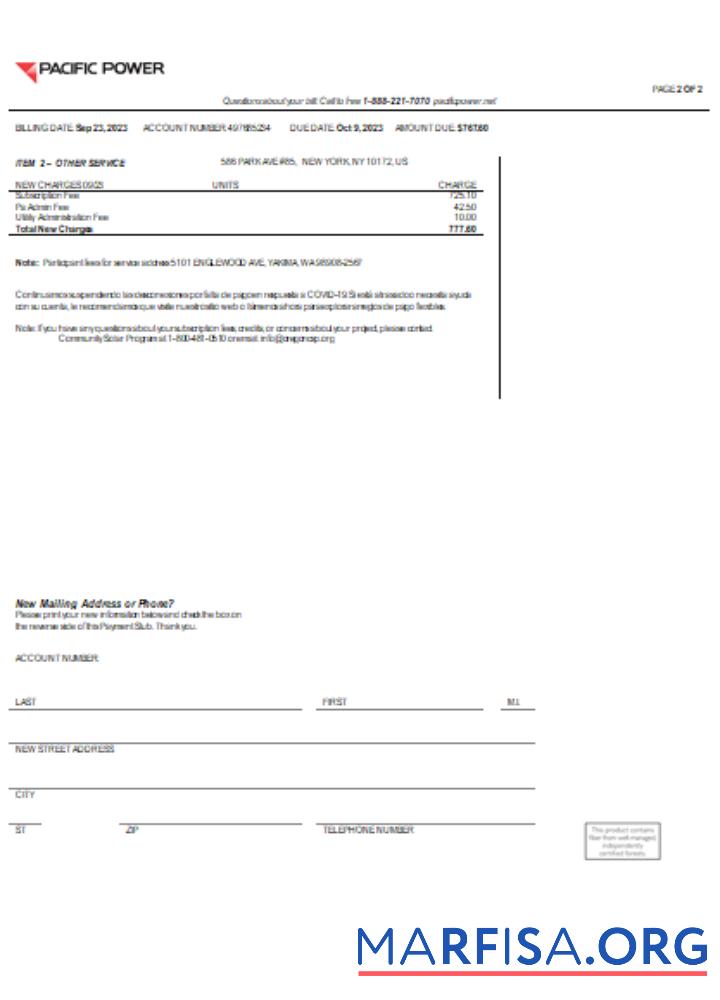 Realistic Pacific Power utility business bill, page 2, SCR real example